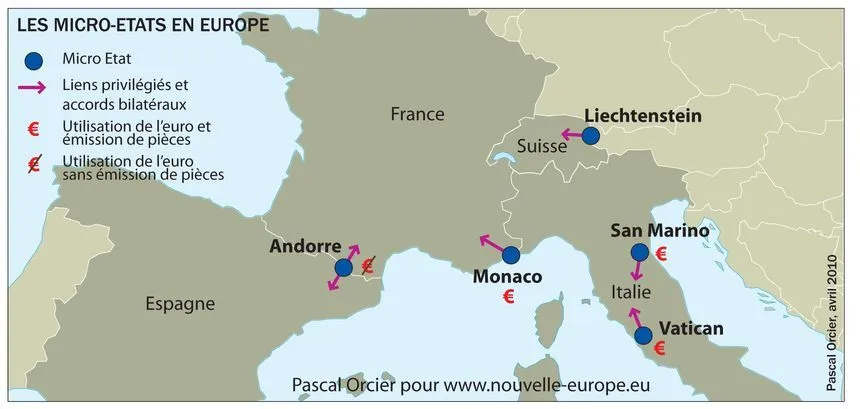 Carte des micro-États européens : Andorre, Monaco, Saint-Marin, Vatican et Liechtenstein