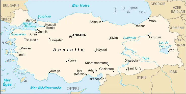 Carte de la Turquie : Anatolie, détroits du Bosphore et des Dardanelles, frontières orientales