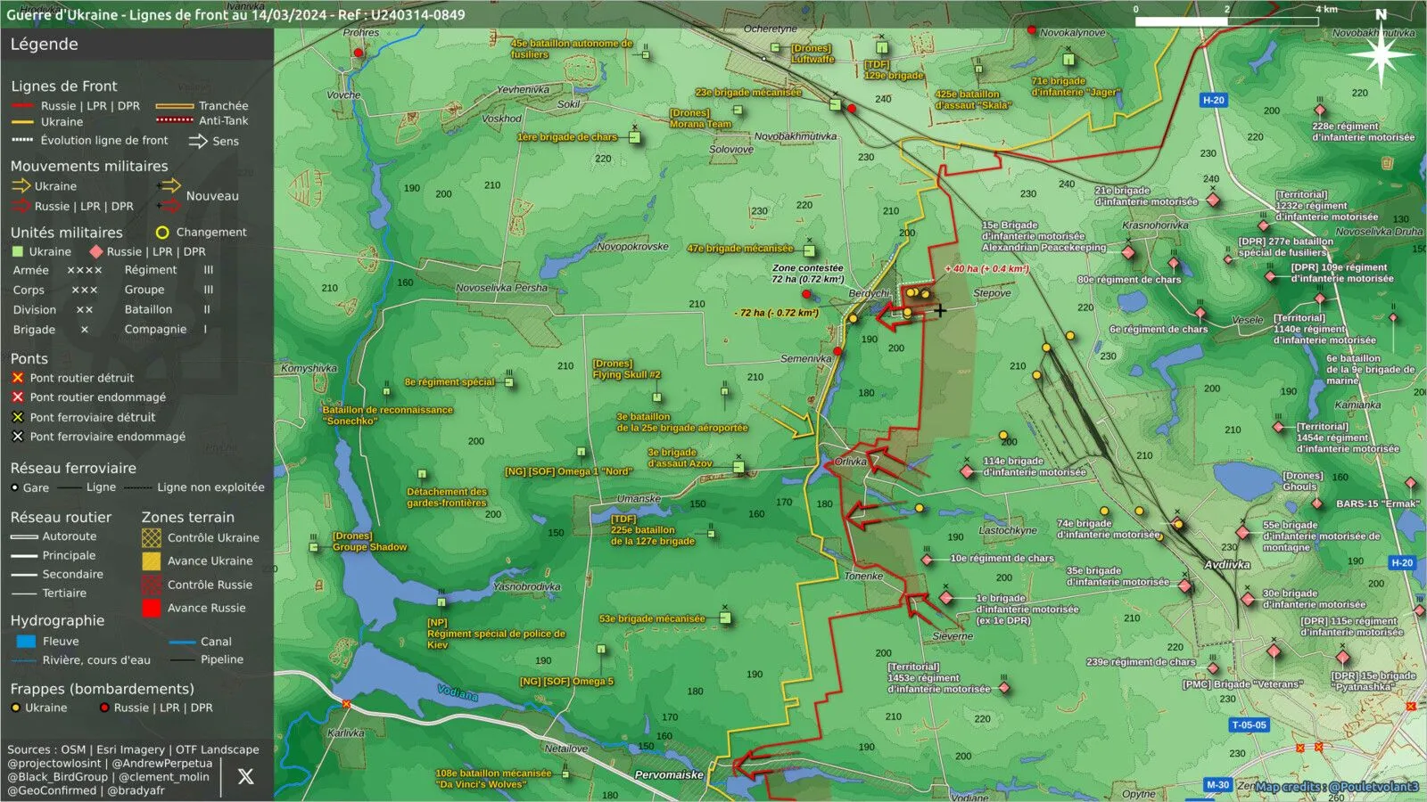 Carte du front d’Avdiivka : positions russes et ukrainiennes autour de Berdychi, Orlivka et Tonenke