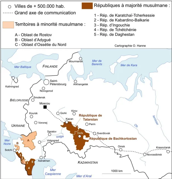 Carte de la Russie situant les républiques à majorité musulmane, du Caucase au Bachkortostan