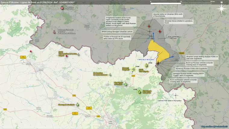 Carte du saillant ukrainien autour de Soudja, oblast de Koursk, au 7 août 2024