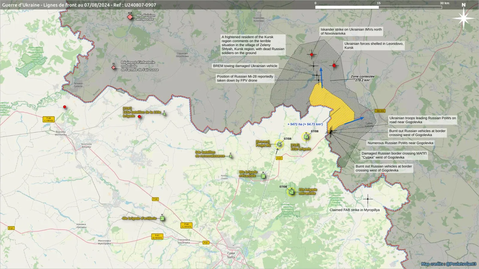 Carte du saillant ukrainien autour de Soudja, oblast de Koursk, au 7 août 2024