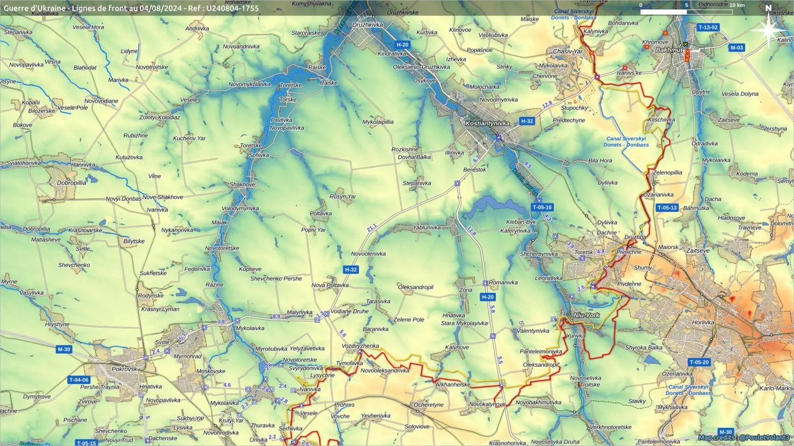 Carte large du front du Donbass, de Pokrovsk à Bakhmout, au 4 août 2024