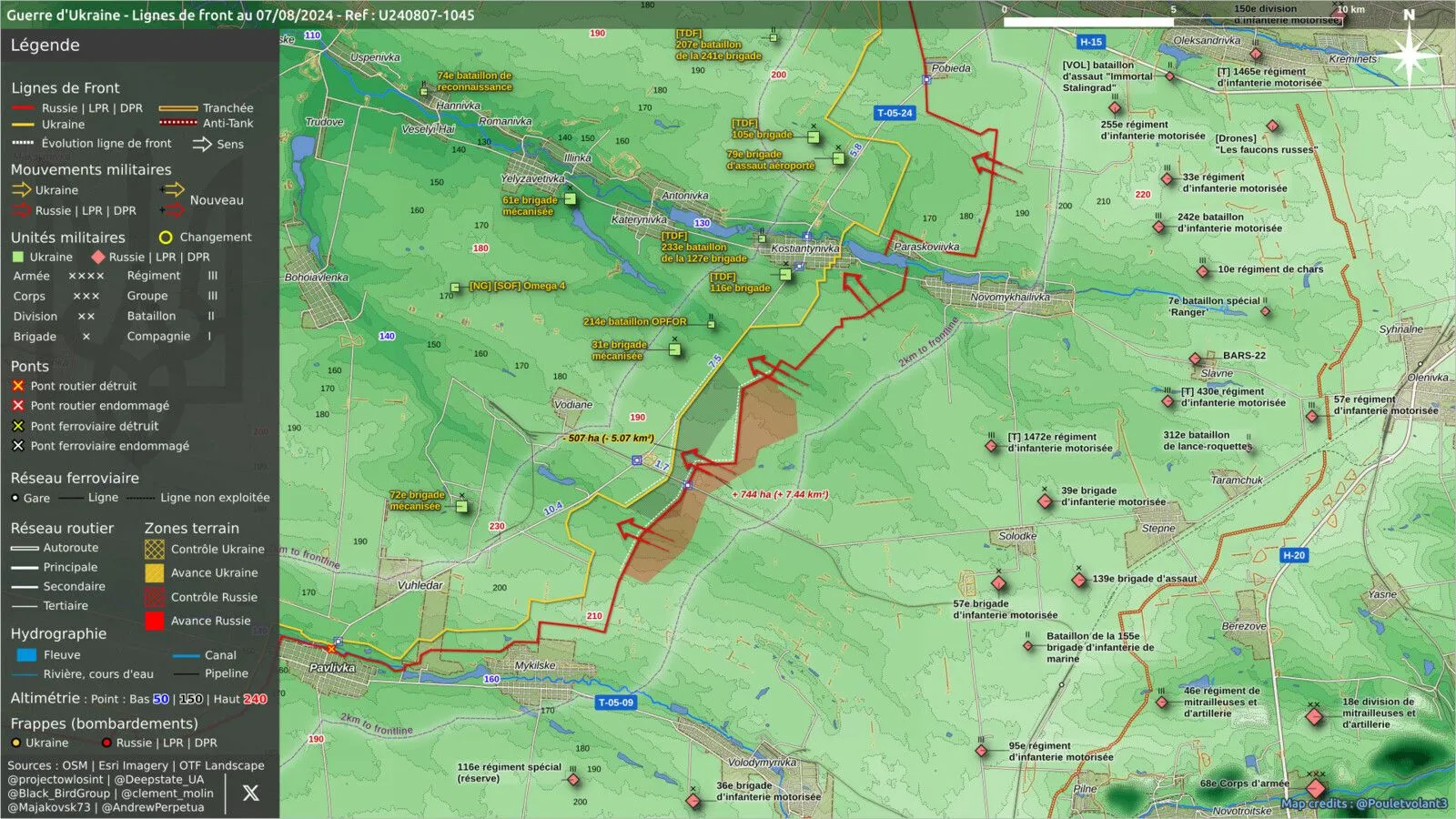 Carte du front sud autour de Kostiantynivka et Vuhledar, avancée russe en rouge