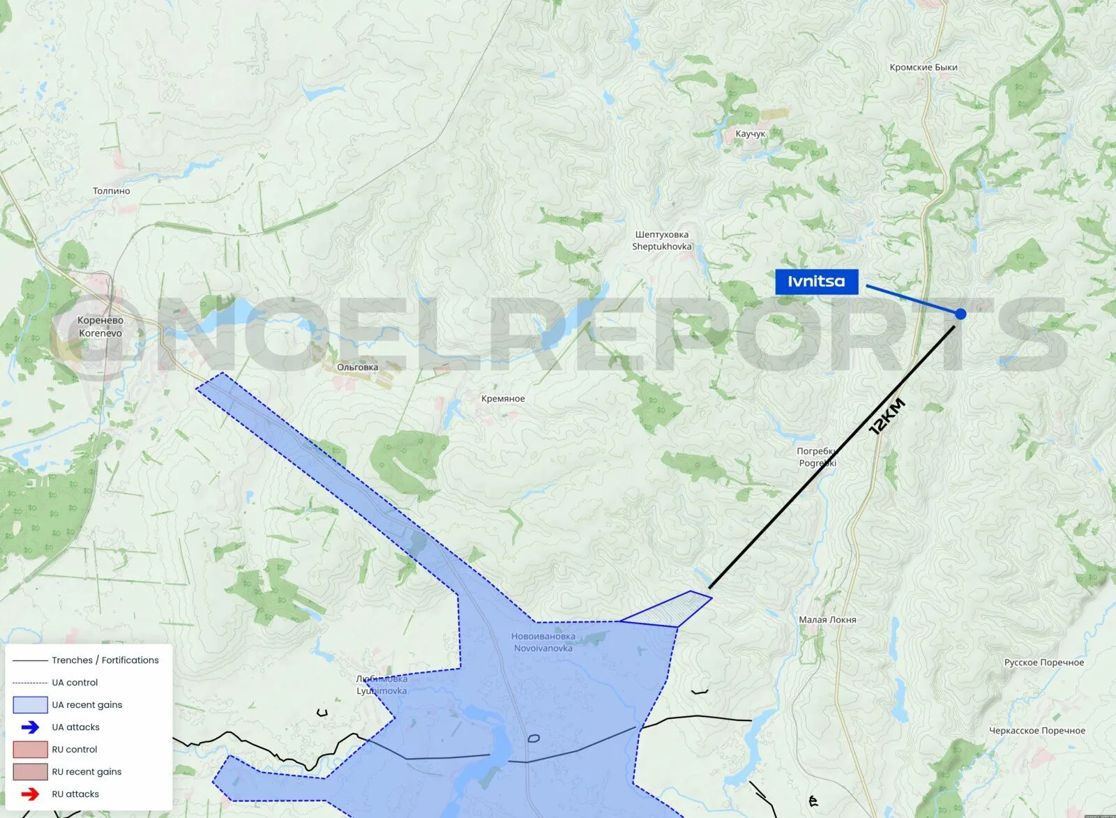 Carte des gains ukrainiens près de Novoivanovka et de la pointe avancée vers Ivnitsa