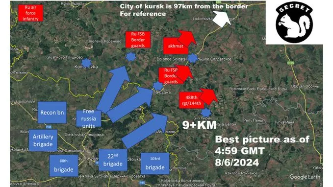 Vue satellite annotée des axes d’attaque ukrainiens et des unités russes autour de Soudja