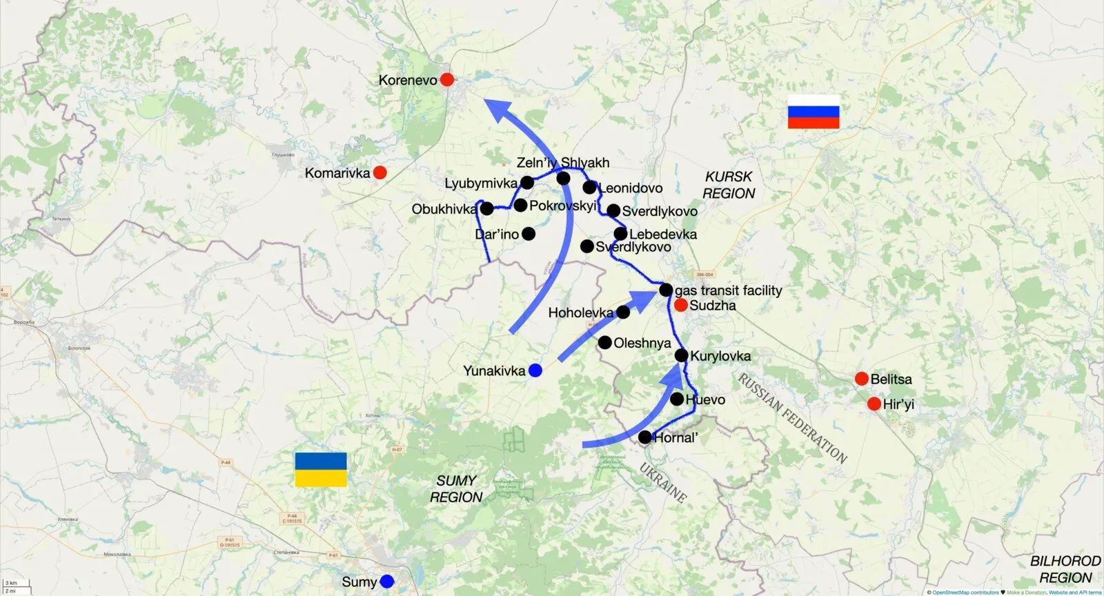 Carte des localités prises et des axes ukrainiens de Soumy vers Soudja et Korenevo