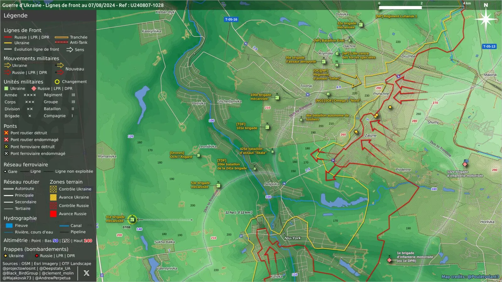 Carte du front autour de Toretsk, Pivnichne et Niu-York, avancées russes en rouge