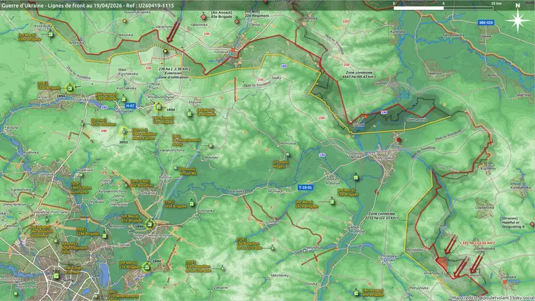Carte des lignes de front du 19 avril 2026 au nord-est de Soumy, secteur de Yunakivka