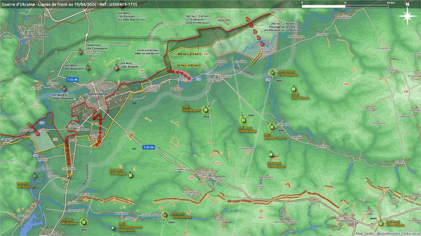 Carte du front autour de Vovtchansk, oblast de Kharkiv, avril 2026