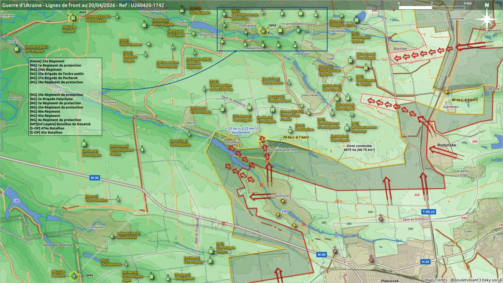 Carte du front au nord de Pokrovsk, de Dobropillia à Rodynske