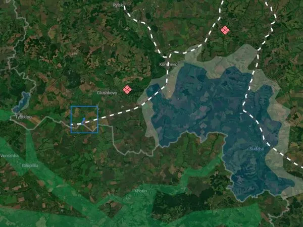 Carte satellite de la poche ukrainienne de Soudja et du district de Glushkovo